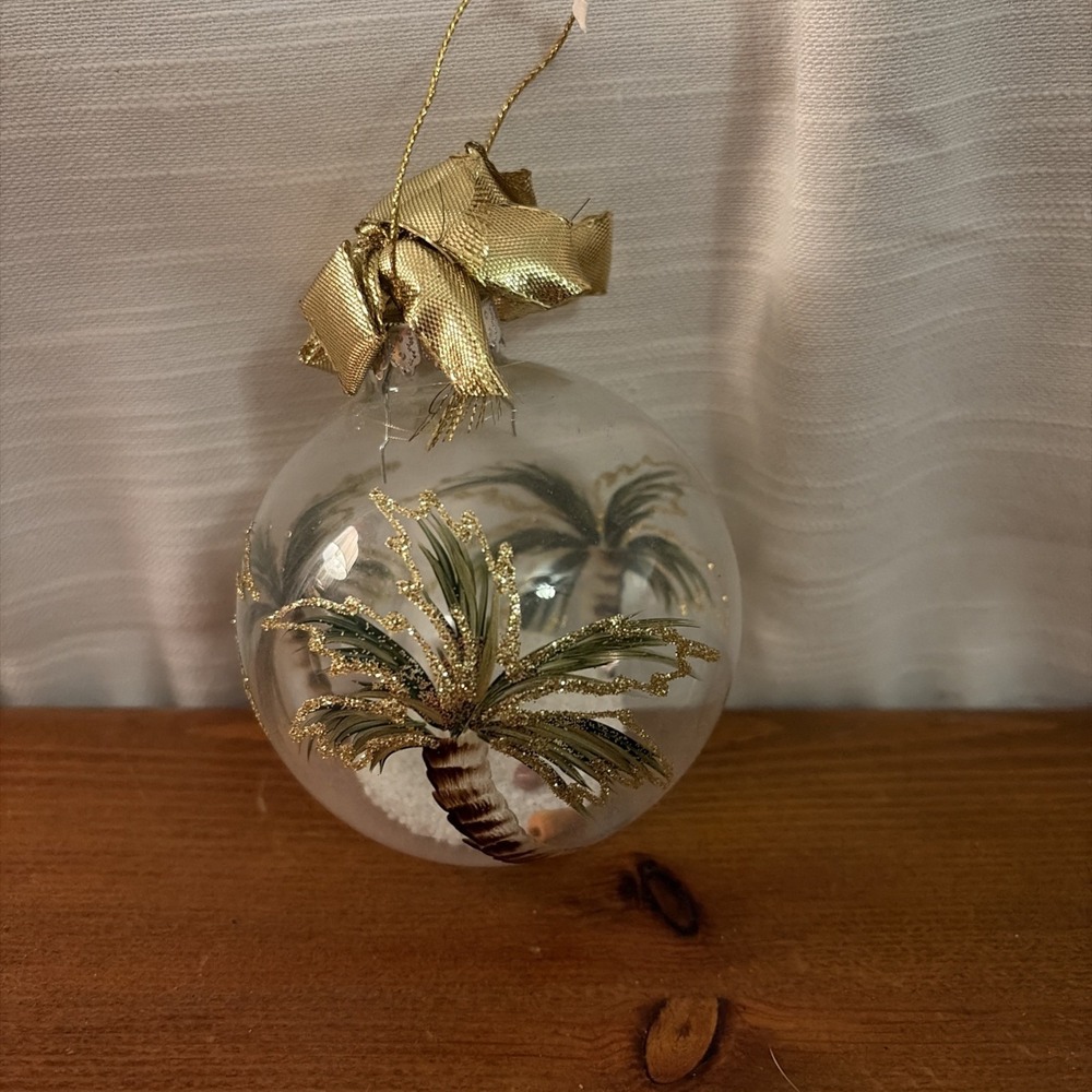 Glass Palm Tree Sand Shells Gold Ornament Round